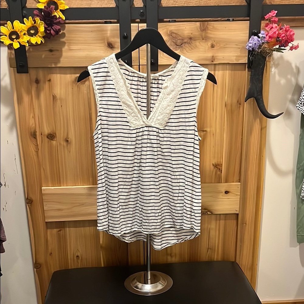 GAP Black and White Striped Tank with Lace Detail